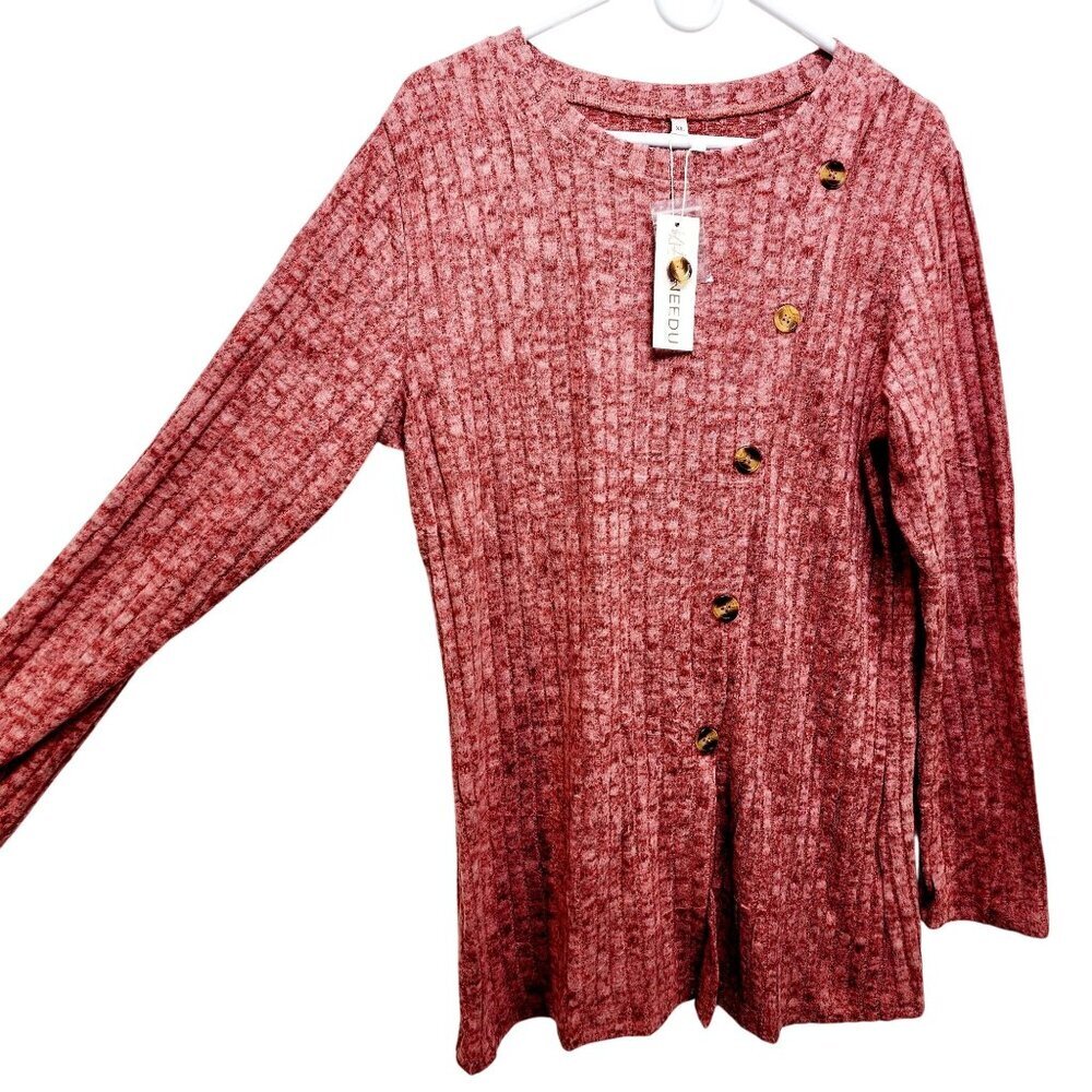 Womens Ribbed Knit Asymmetrical Button Front Sweater Top Long Sleeve Red Size XL - Picture 5 of 14